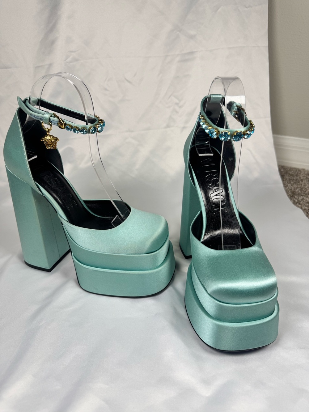 Versace Medusa Aevitas Platform Heel in Baby Blue Teal Satin, Size 37